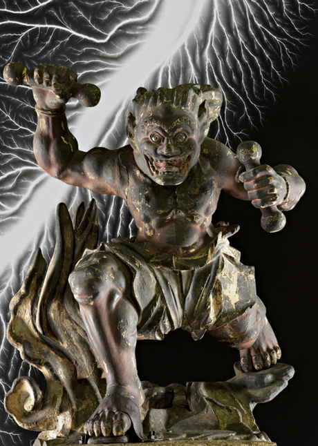 Thunder God by an unknown artist of the Kamakura period, with Sugimoto's Lightning Fields in the background.